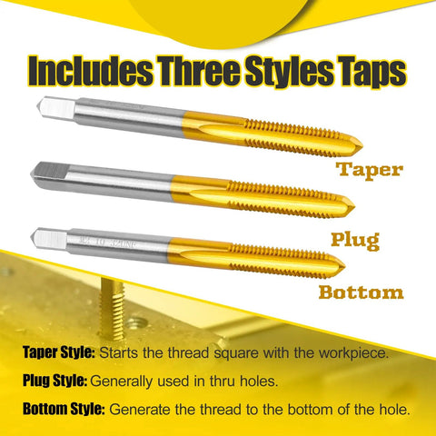 Three Style 12-24 UNC Thread Tap Set with Taper, Plug, Bottom Styles for Metalworking