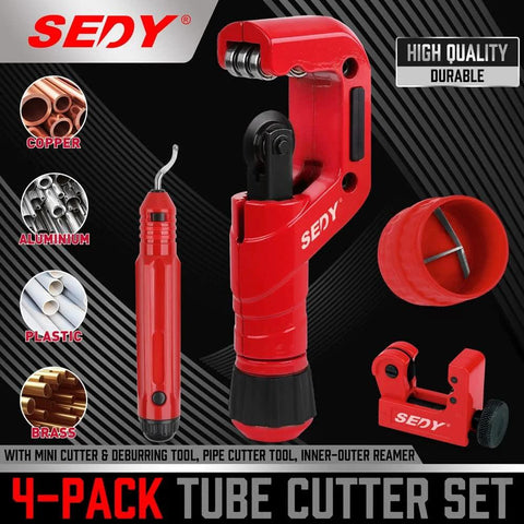 Tube cutter set by SEDY: red four-piece kit with main pipe cutter, mini cutter, and deburring tool