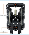 Air-operated double diaphragm pump, black, waste oil and chemical transfer pump with 1-inch inlet and 1-inch outlet.