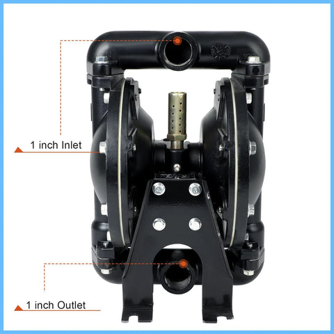 Air-operated double diaphragm pump, black, waste oil and chemical transfer pump with 1-inch inlet and 1-inch outlet.