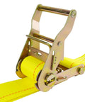 Close-up of yellow 2-Inch By 12-Foot E Track Ratchet Strap with metal ratchet mechanism, part of 10 Pack Beefy Heavy Duty Cargo Tie Downs