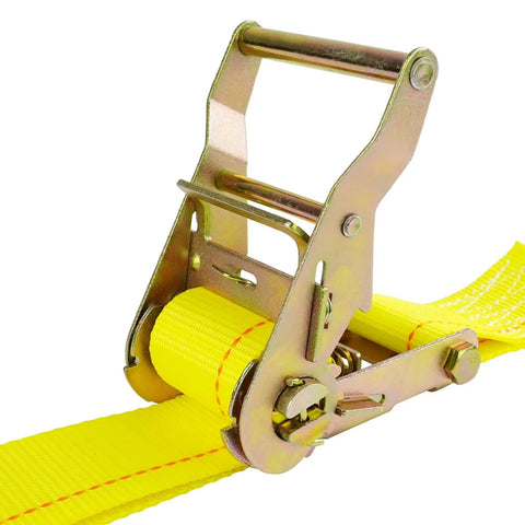 Close-up of yellow 2-Inch By 12-Foot E Track Ratchet Strap with metal ratchet mechanism, part of 10 Pack Beefy Heavy Duty Cargo Tie Downs
