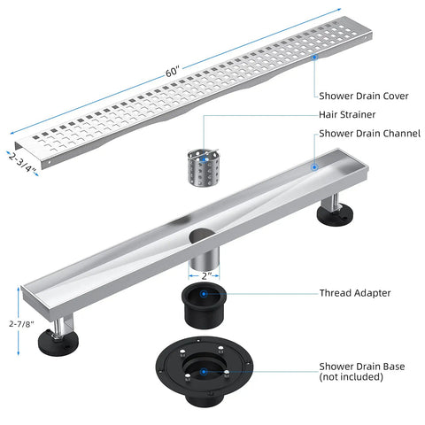 Exploded view of 60 Inch Linear Shower Drain in Brushed Nickel V Shaped Large Displacement 304 Stainless Steel Rectangular Floor Drain with labels