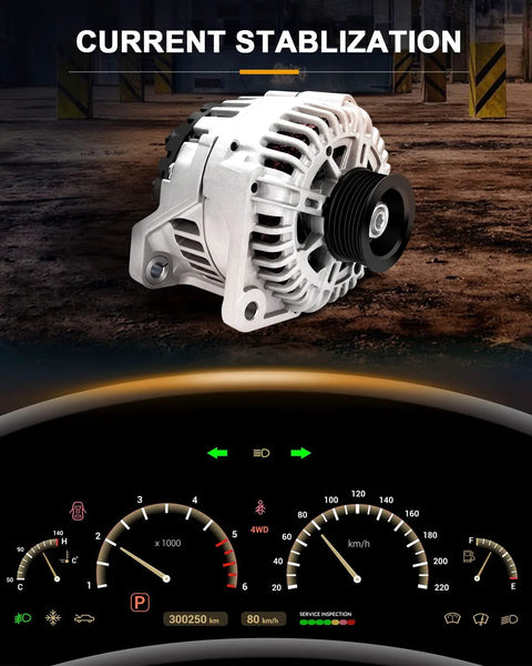 Replacement Alternator For Nissan Maxima 2004 Through 2008 OEM Grade OE Standard 11017 AVA0004 showcased on a car dashboard background