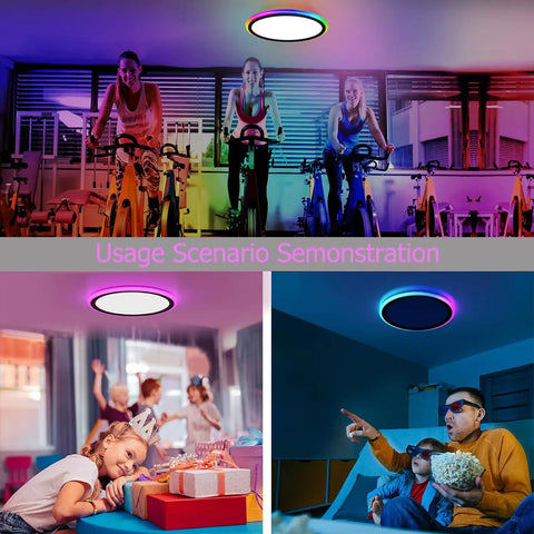 9 Inch LED Flush Mount Ceiling Light 24W 2880LM 5000K Day White in various room scenarios with colorful lighting