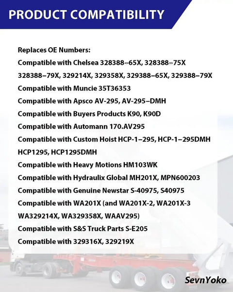 Product compatibility list for PTO Hoist Air Shift Control Valve with dual dump pump control for hydraulics replacement.