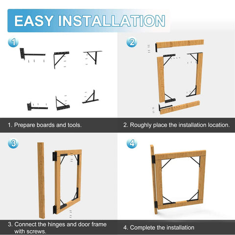 Installation steps for No Sag Gate Corner Brace Bracket Frame Kit showing easy setup process for sturdy gates.