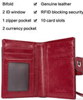 Women Leather Wallet RFID Blocking Small Bifold Zipper Pocket Card Case Purse With ID Window Red open view