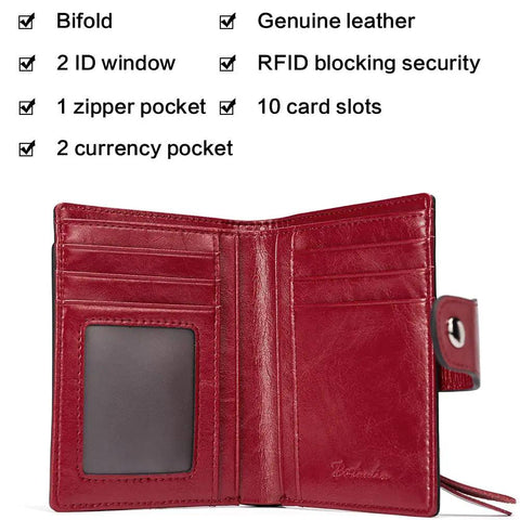 Women Leather Wallet RFID Blocking Small Bifold Zipper Pocket Card Case Purse With ID Window Red open view