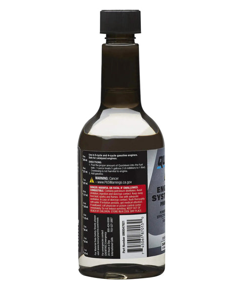 Quickleen Engine And Fuel System Cleaner For All Gas And Ethanol Blends, 12 oz bottle side view showing label details.
