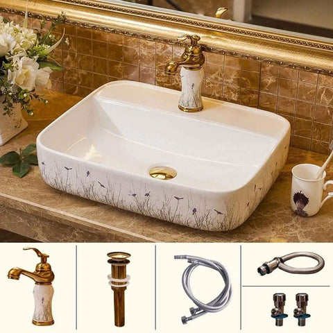 Ceramic Vessel Sink For Bathroom Vanity, Above Counter Rectangular Wash Basin Featuring Hand Painted Nordic Artistry with sleek design.