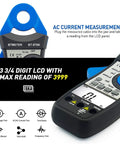 Clamp Meter Digital Multimeter For AC DC Voltage And Current showing LCD and measurement features