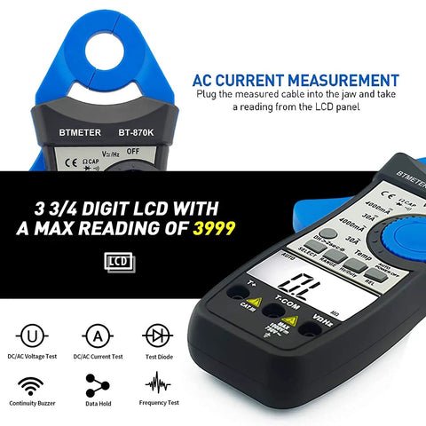 Clamp Meter Digital Multimeter For AC DC Voltage And Current showing LCD and measurement features