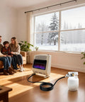 Indoor scene with a propane heater connected via 12 Ft Two Stage Propane Regulator Hose With Three Eighths Inch Female Port Freeze Resistant.
