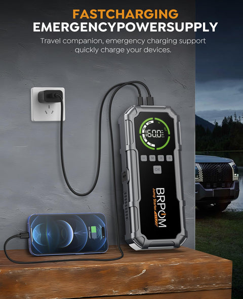 8000A Peak Jump Starter With Air Compressor for cars and diesel engines charging with LCD screen and phone connected