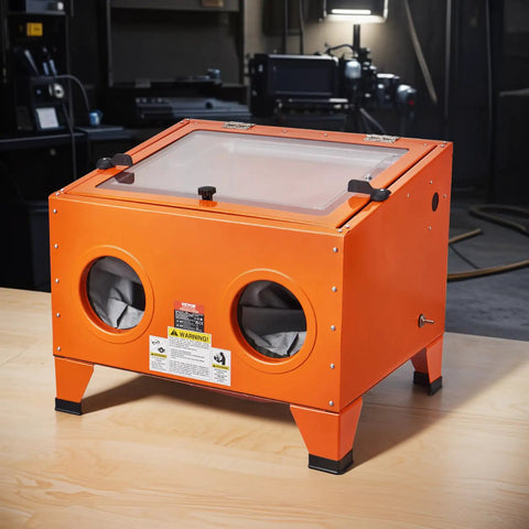 25 Gallon Sandblasting Cabinet For DIY Projects Portable Benchtop Sand Blaster With 40 To 120 PSI Heavy Duty Steel Build Blasting Gun And Four Ceramic Nozzles For Paint Stain And Rust Removal In Home Garage on workbench