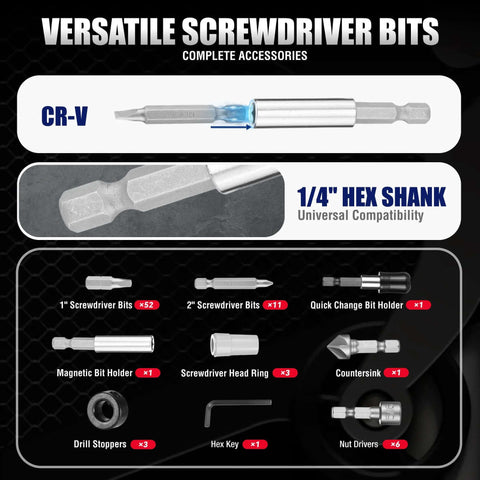 Front view of WORKPRO 455-piece drill and screwdriver bit set with titanium twist bits and double-sided case
