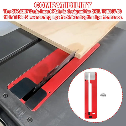 Zero Clearance Insert Plate And Dado Insert Plate Upgrade For 10 Inch Table Saw TS6307 00 Delivers Killer Precision 90 Degree Cuts STZ6307 And STA6307 Combo Pack Easy Install Solid Fit Great Upgrade For Your Dado Work shown installed on saw with wood.