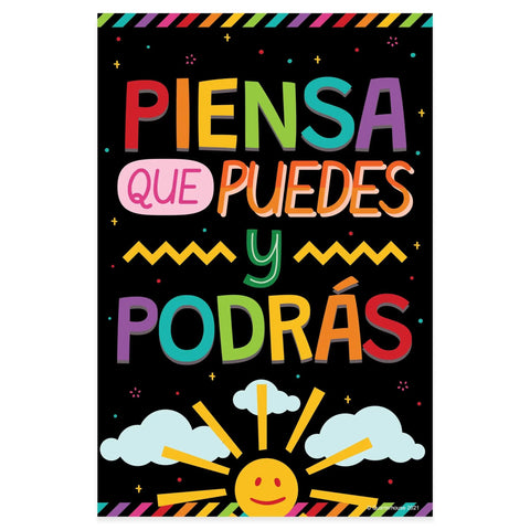 12 Poster Spanish Motivational Classroom Set For Pre K Through 12 Students And Teachers, Inspirational Quotes To Boost Focus And Good Vibes, 12 X 18 Inches, Black Backing, Made In USA with 'Piensa Que Puedes Y Podrás' poster design.