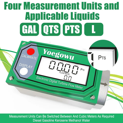 1.5 Inch Digital Fuel Flow Meter Inline NPT With LCD Display showing multiple measurement units and use with various liquids.