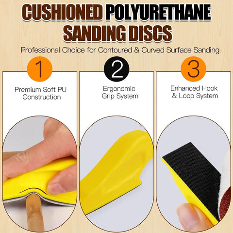 Cushioned polyurethane sanding discs with ergonomic yellow grip system and hook & loop attachment for contoured surfaces.