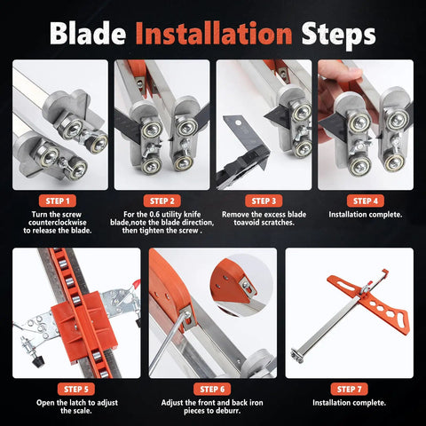 Blade installation steps for Pro Level Drywall Cutting Tool, showing tool adjustments and settings for optimal use.