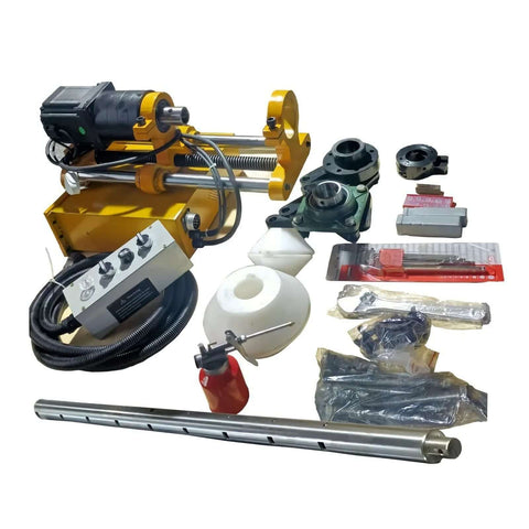 Portable line boring machine with yellow frame, 110V motor, 4.9ft boring bar, and accessories.