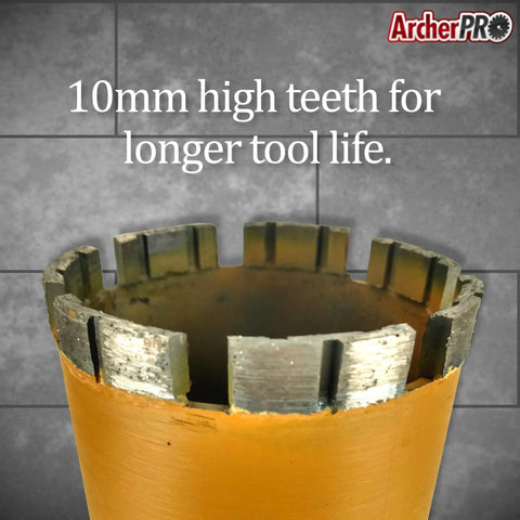 Close-up of Two And A Half Inch Diamond Turbo Core Drill Bit with 10 mm turbo teeth for concrete and masonry, side view.