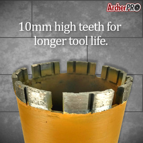 Close-up of four inch diamond turbo core drill bit hole saw for concrete and masonry showing 10mm high teeth.