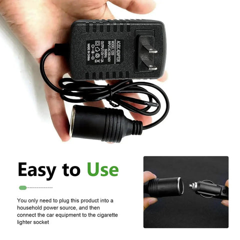 Top Shelf 120V To 12V 24W Ac Dc Converter Adapter Swaps Wall Outlet Power For Your Favorite Ride Ready Car Tools Like Tire Inflators Or Mini Coolers Without Breaking A Sweat, hand-held view of adapter with cord and cigarette lighter socket.