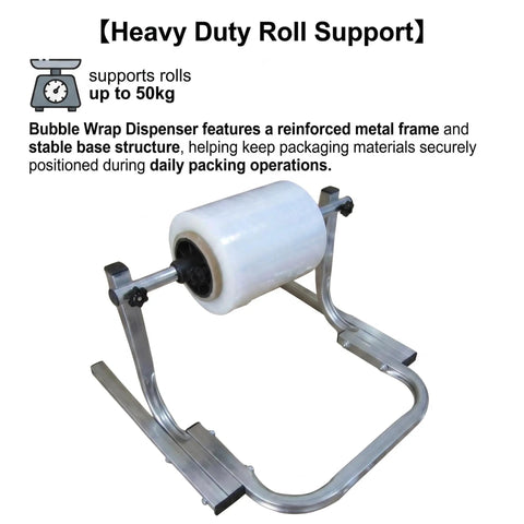 Heavy Duty Bubble Wrap Dispenser Stand Featuring Adjustable Plastic Guides And Rust Proof Steel Frame Providing 50 Kilogram Capacity for packing rolls.