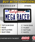 Matte Black License Plate Frames 2 Pack Dope Quality Rust Free Stainless Steel Rattle Free Universal Fit With Screw Caps Slim Top Design showcasing slim rigid frame comparison.