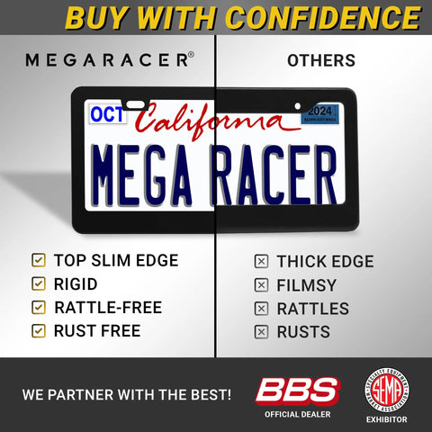 Matte Black License Plate Frames 2 Pack Dope Quality Rust Free Stainless Steel Rattle Free Universal Fit With Screw Caps Slim Top Design showcasing slim rigid frame comparison.