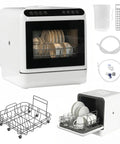 No Sweat Countertop Dishwasher With Zero Hookups Required features white design, dual spray, and dishes in the rack.