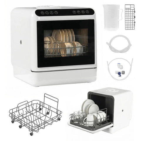 No Sweat Countertop Dishwasher With Zero Hookups Required features white design, dual spray, and dishes in the rack.