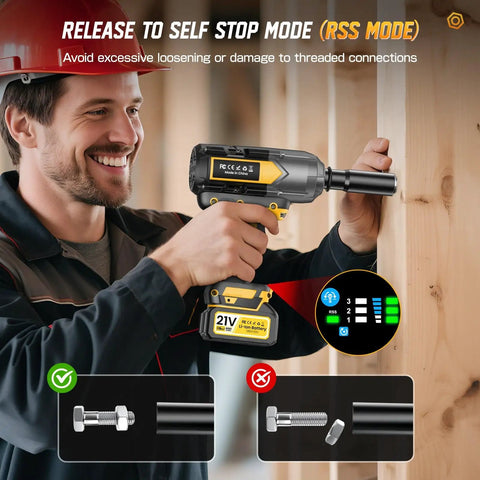 Man using Badass Cordless Impact Wrench Cracks 1200 Nm Legit Torque for precision fastening, featuring self-stop mode.