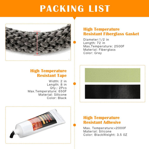 Xmasneed wood stove gasket kit: 1/2 in graphite-impregnated fiberglass rope gasket (72 in) with glue and high-temp tapes