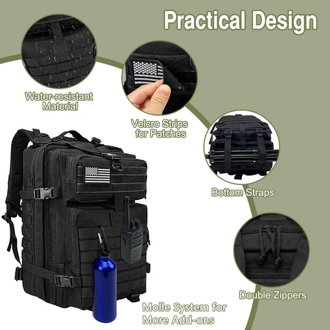 Heavy Duty 45L Tactical Backpack For Men With MOLLE System And 3 Day Bug Out Bag Design Rucksack For Hiking Camping Gym Black Durable Construction
