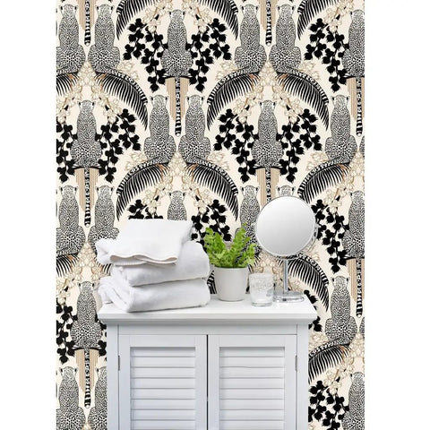 Snag This Killer Big Cat Print PVC Free Wallpaper Featuring A Premium Matte Linen Texture Durable Wallcovering Designed To Level Up Your Interior Design Game Today on bathroom wall.