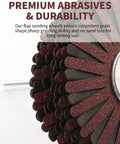 Close-up of 2 Pack 150 Grit Nylon Abrasive Flap Wheel with One Quarter Inch Shank for drill, highlighting grit texture.