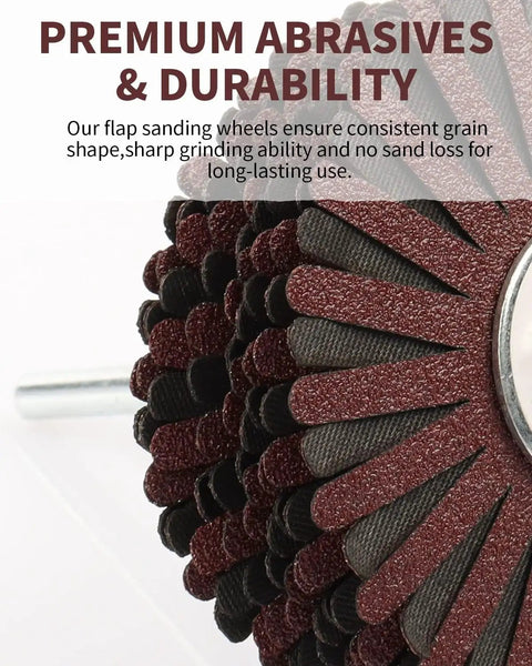 Close-up of 2 Pack 150 Grit Nylon Abrasive Flap Wheel with One Quarter Inch Shank for drill, highlighting grit texture.