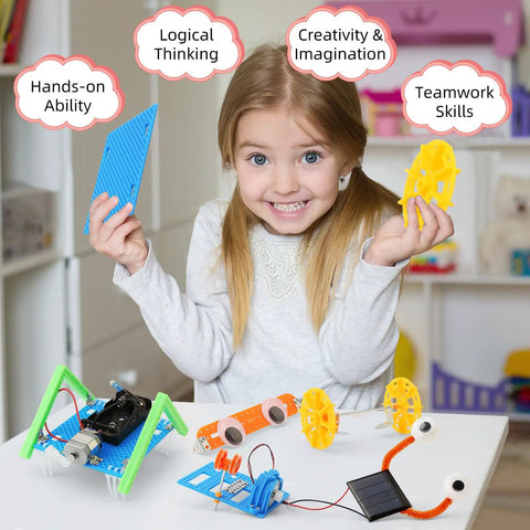 Girl playing with Five Robot STEM Kit For Kids Ages Seven and Up With Rope Climbing Robot Solar Car Gecko Gear Robot Dancing Crab And Walking Robot Includes Motors Wires Gears DC Motors Screwdriver And Detailed Instruction Manuals, showing hands-on use.