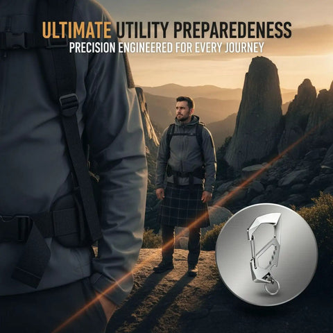 Stainless Steel Go-To Multi-Tool Carabiner With CNC Milled Quick Release Locking Hook in outdoor setting