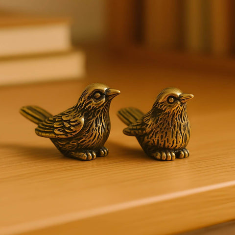 Brass Sparrow Hinge Heads Set Of Four Vintage Bird Figurines on shelf; solid brass, lifelike details, for home decor.