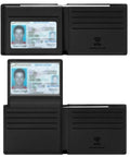 Genuine Leather Bifold Wallet For Men With Gift Box Handmade Style RFID Blocking Two ID Windows Durable Everyday Carry Classic Mens Wallet For Work And Travel Great Gift Idea showing open view with ID windows and card slots