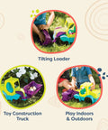 Collage showing 18-Inch Sand Truck With Front Loader For Water Play And Beach Sand Toys in outdoor play setting.
