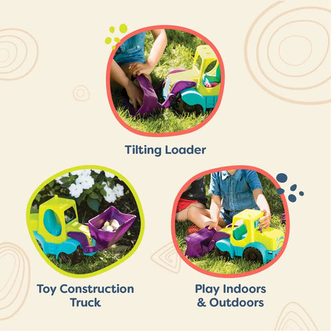 Collage showing 18-Inch Sand Truck With Front Loader For Water Play And Beach Sand Toys in outdoor play setting.