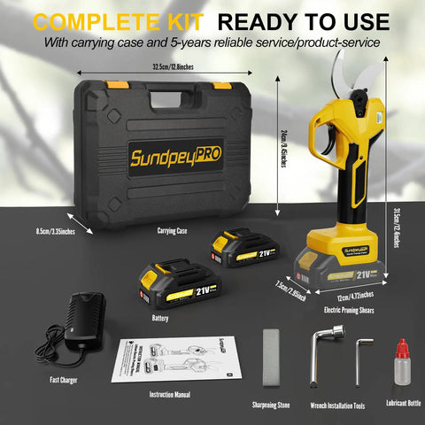 SundpeyPRO 21V Brushless Electric Pruning Shears Max 2 Inch Cut complete kit with carrying case, batteries, and tools for garden use.