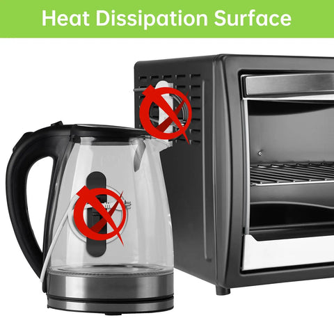 Electric kettle and toaster oven with no heat dissipation symbol.