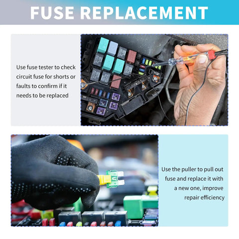Image showing Heavy Duty Auto Fuse Assortment Kit With Slick Tester And Tough Puller, Complete Car Fuse Pack For Standard Mini Low Profile Rides, Amp Ratings Three To Forty For No Hassle Under Hood Fixes And Quick Swap Jobs in use, testing fuses and replacing with new ones.